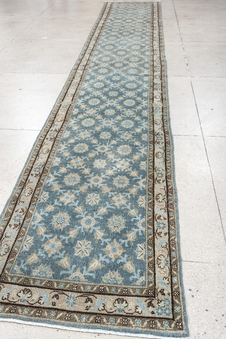 9' x 17' one-of-a-kind handmade antique Malayer rug. Color palette: blue gray, ivory, taupe, charcoal, sage, camel, gray