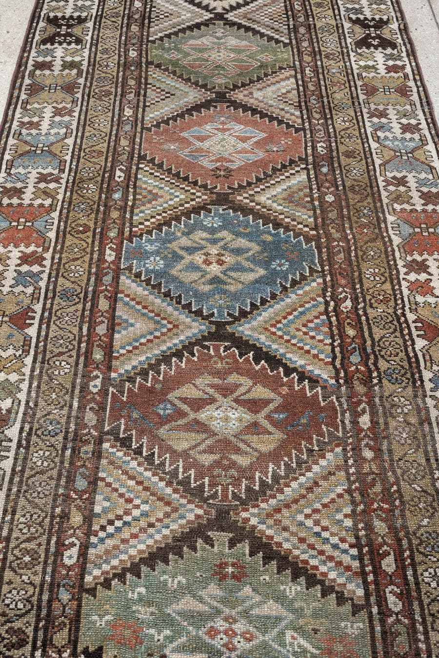 3' x 13' one-of-a-kind handmade antique NW Persian runner rug. Color palette: ivory, taupe, brown, slate blue, sage, rust