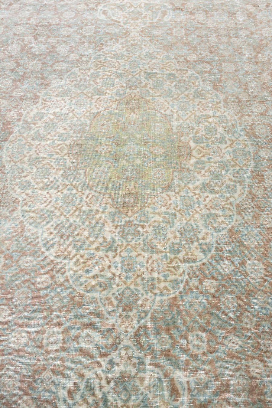 8' x 11' one-of-a-kind handmade antique Tabriz large size rug. Color palette: aqua, ivory, rose, sage, taupe, tan, pewter