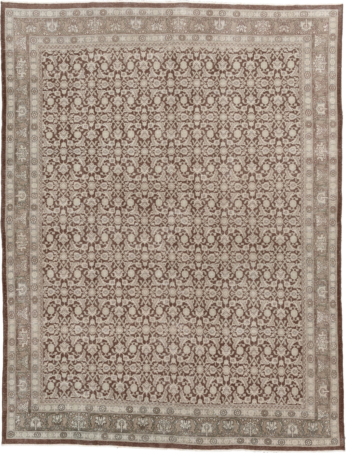 5' x 7' one-of-a-kind handmade antique Tabriz medium size rug. Color palette: ivory, taupe, warm brown, mushroom, beige