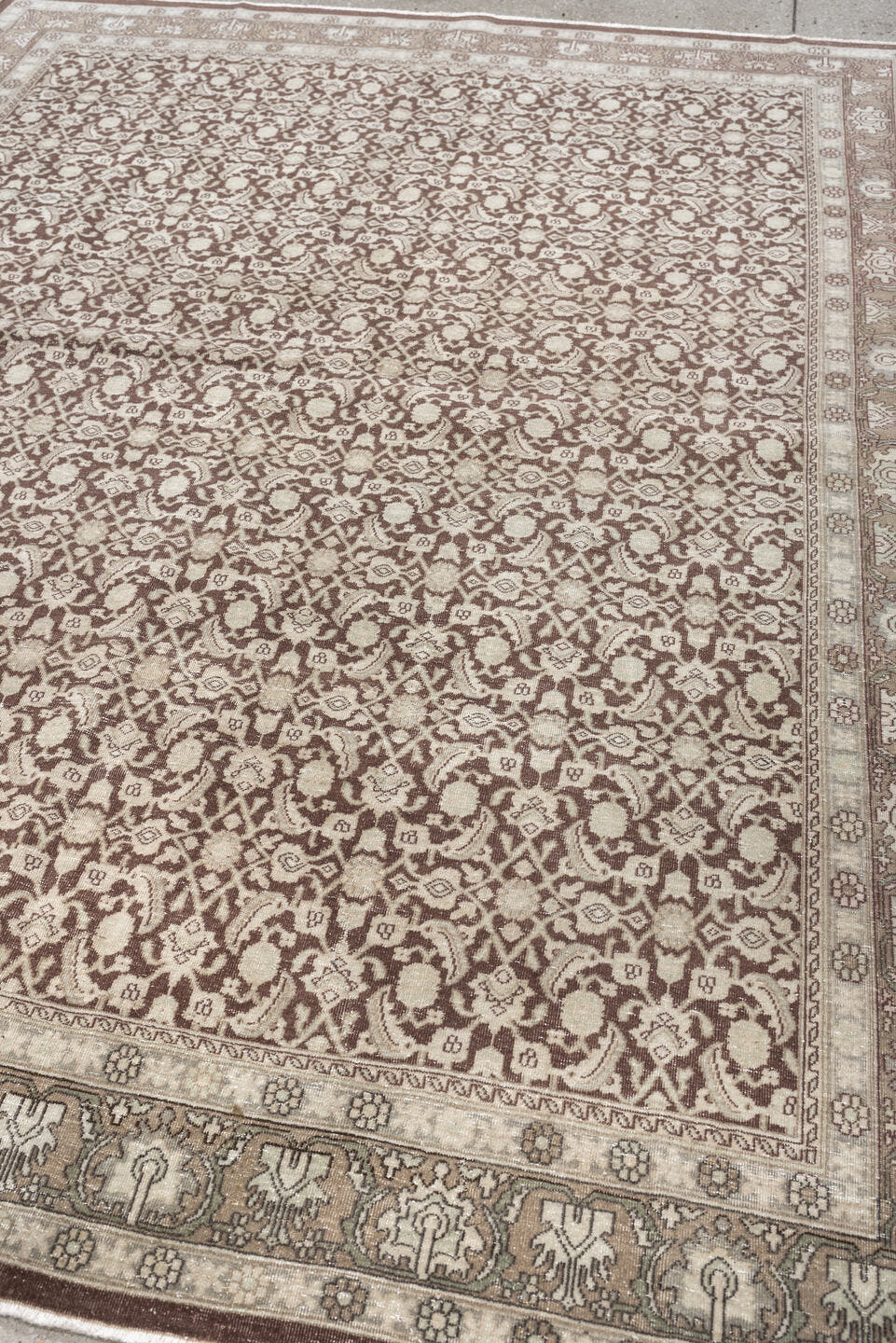 5' x 7' one-of-a-kind handmade antique Tabriz medium size rug. Color palette: ivory, taupe, warm brown, mushroom, beige