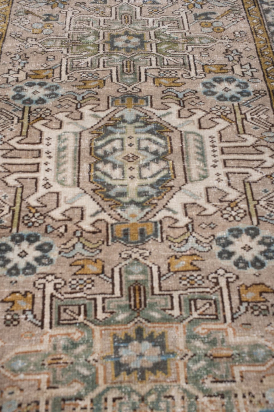 3' x 4' one-of-a-kind handmade antique Karaje small size rug. Color palette: ivory, sage, teal, sky blue, ochre, taupe