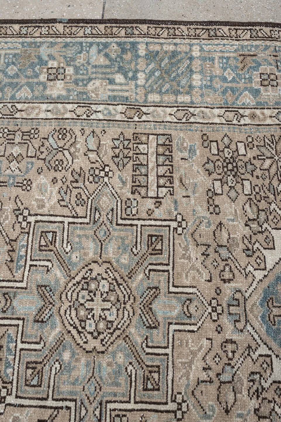 4' x 6' one-of-a-kind handmade antique Karaje rug. Color palette: ivory, powder blue, taupe, charcoal, brown, slate, cream