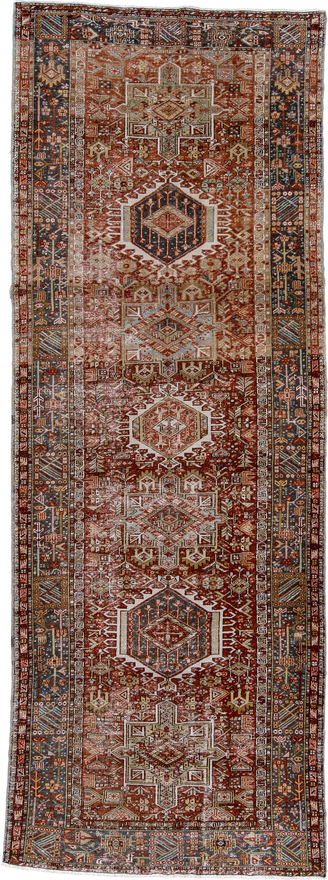 4' x 13' one-of-a-kind handmade antique Karaje runner rug. Color palette: rust, indigo, ivory, terracotta, charcoal, sienna