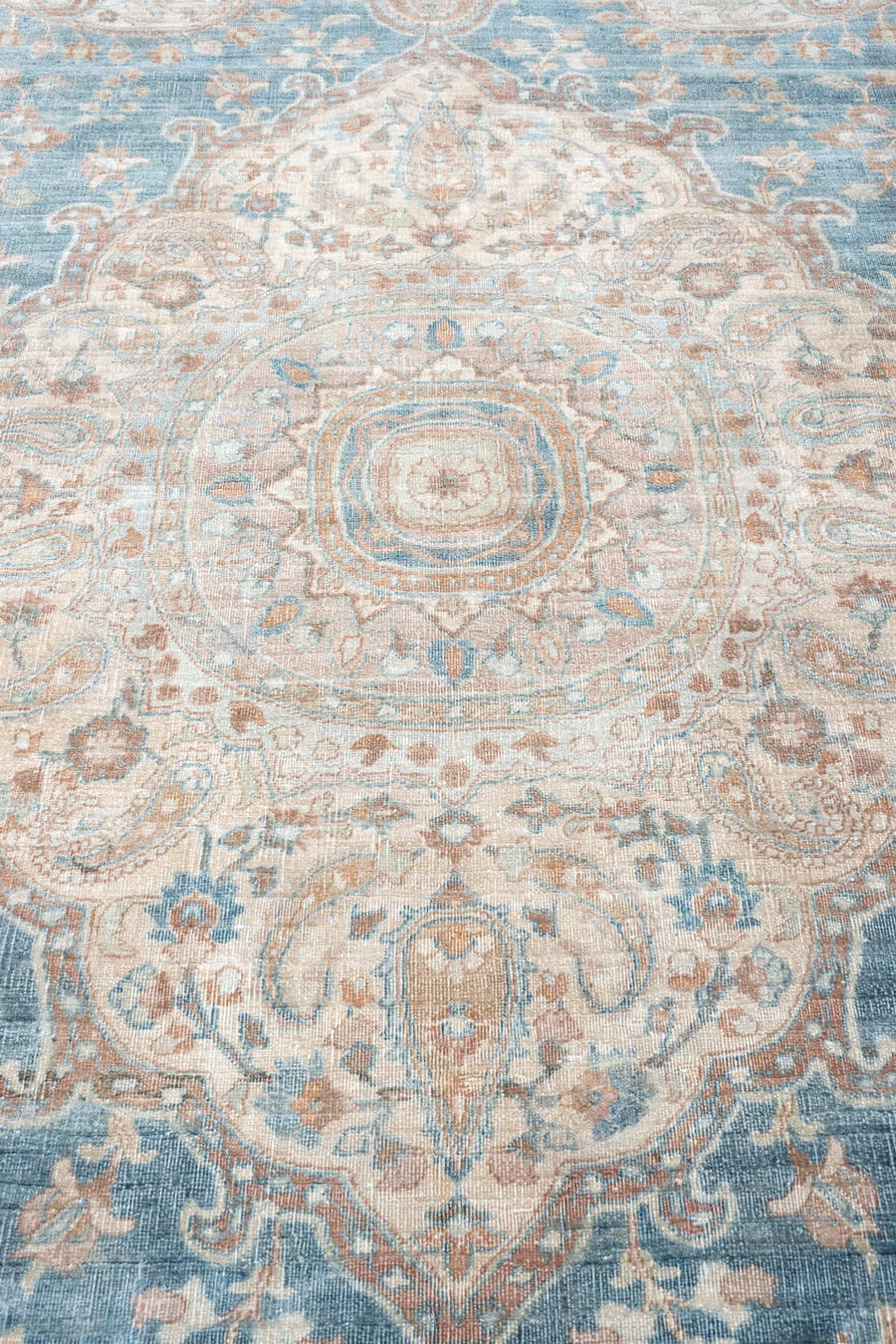 7' x 12' one-of-a-kind handmade antique Meshed large size rug. Color palette: turquoise, ivory, dusty rose, terracotta