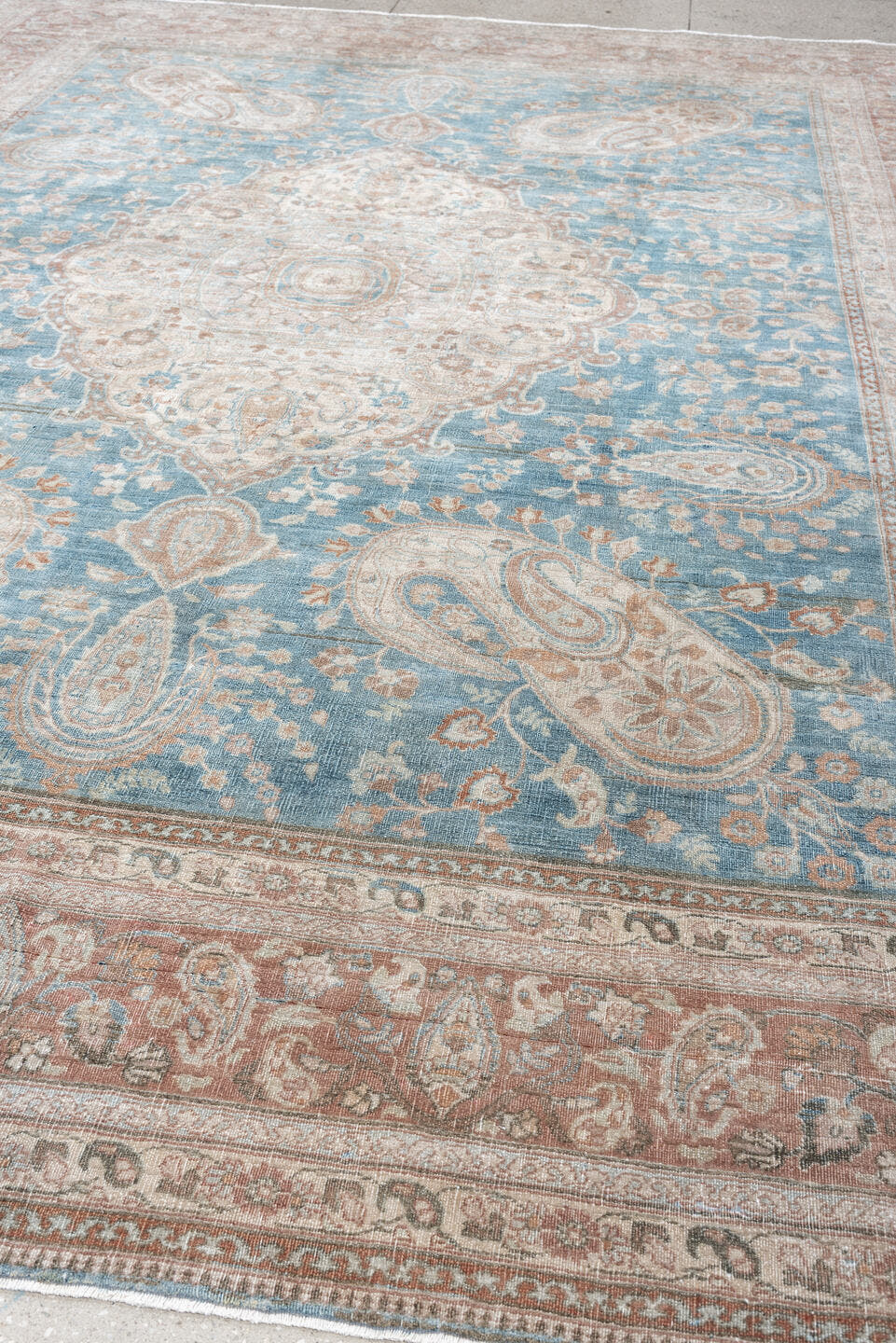 7' x 12' one-of-a-kind handmade antique Meshed large size rug. Color palette: turquoise, ivory, dusty rose, terracotta