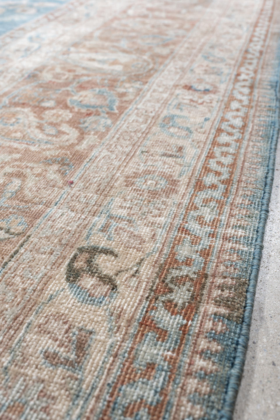 7' x 12' one-of-a-kind handmade antique Meshed large size rug. Color palette: turquoise, ivory, dusty rose, terracotta