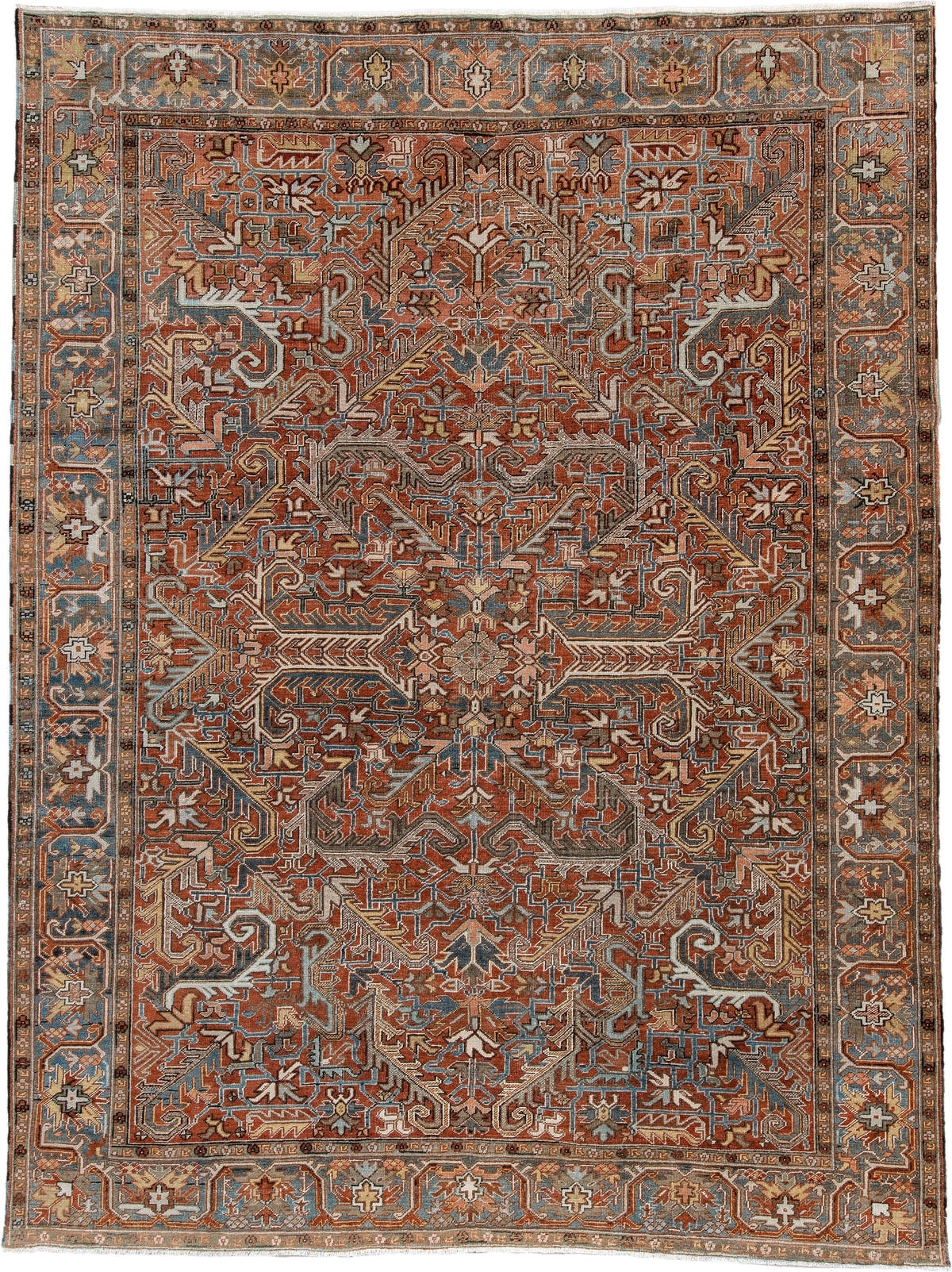 8' x 11' one-of-a-kind handmade antique Heriz large size rug. Color palette: rust, slate blue, ivory, camel, charcoal