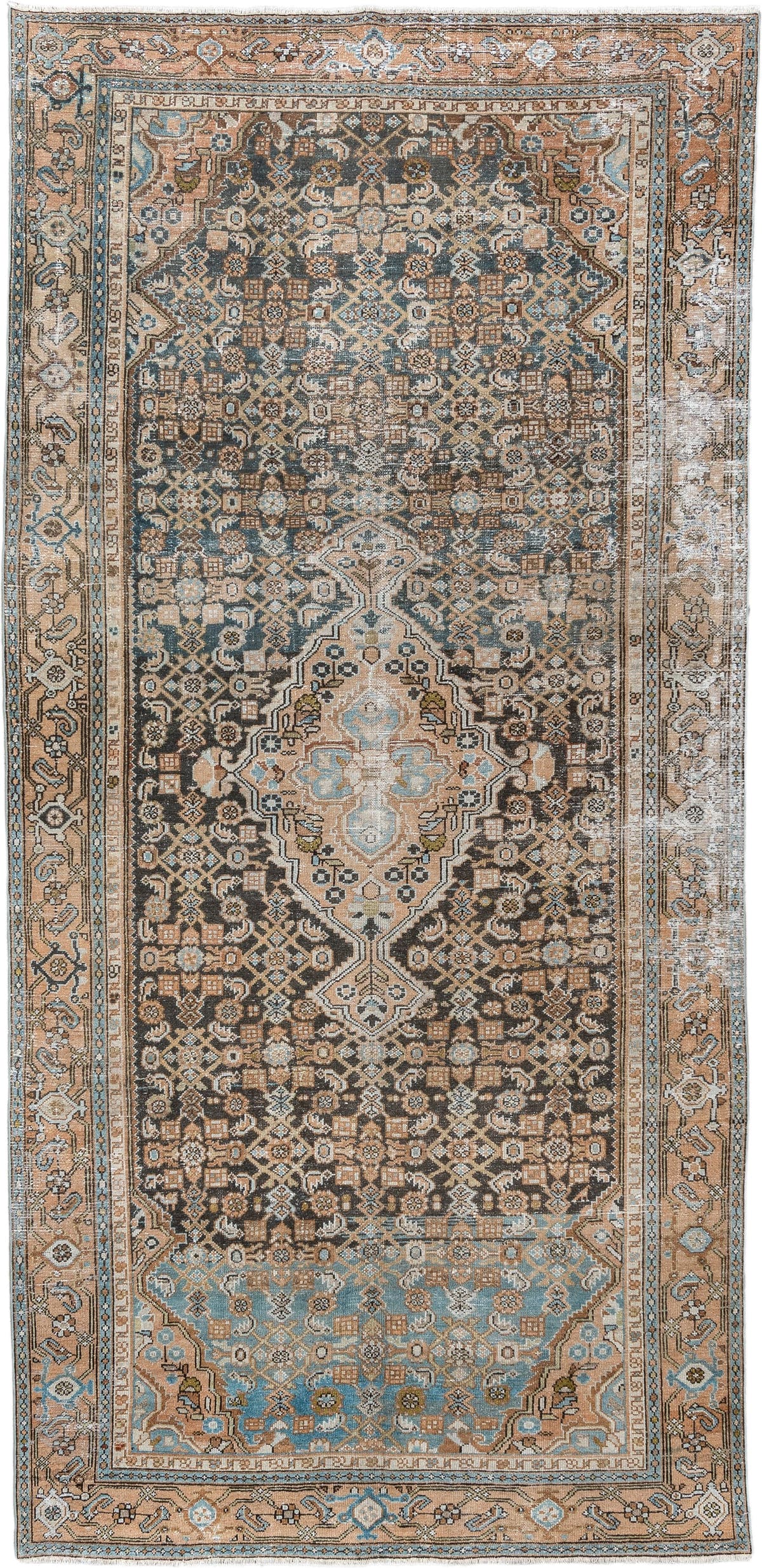 5' x 10' one-of-a-kind handmade antique Malayer runner rug. Color palette: charcoal, camel, ivory, powder blue, taupe, rust