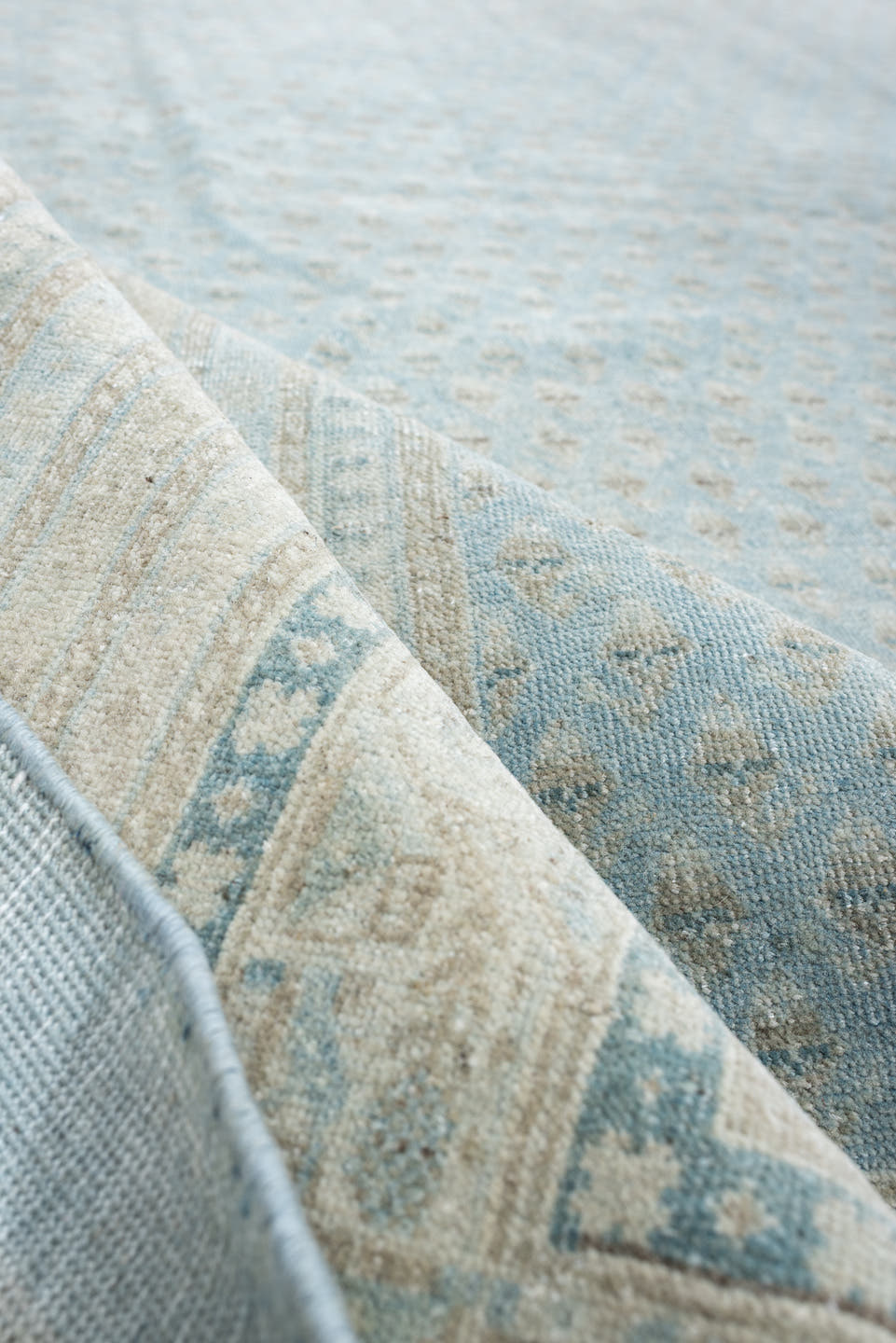 9' x 12' one-of-a-kind handmade antique Mir large size rug. Color palette: powder blue, ivory, slate, charcoal, pale aqua