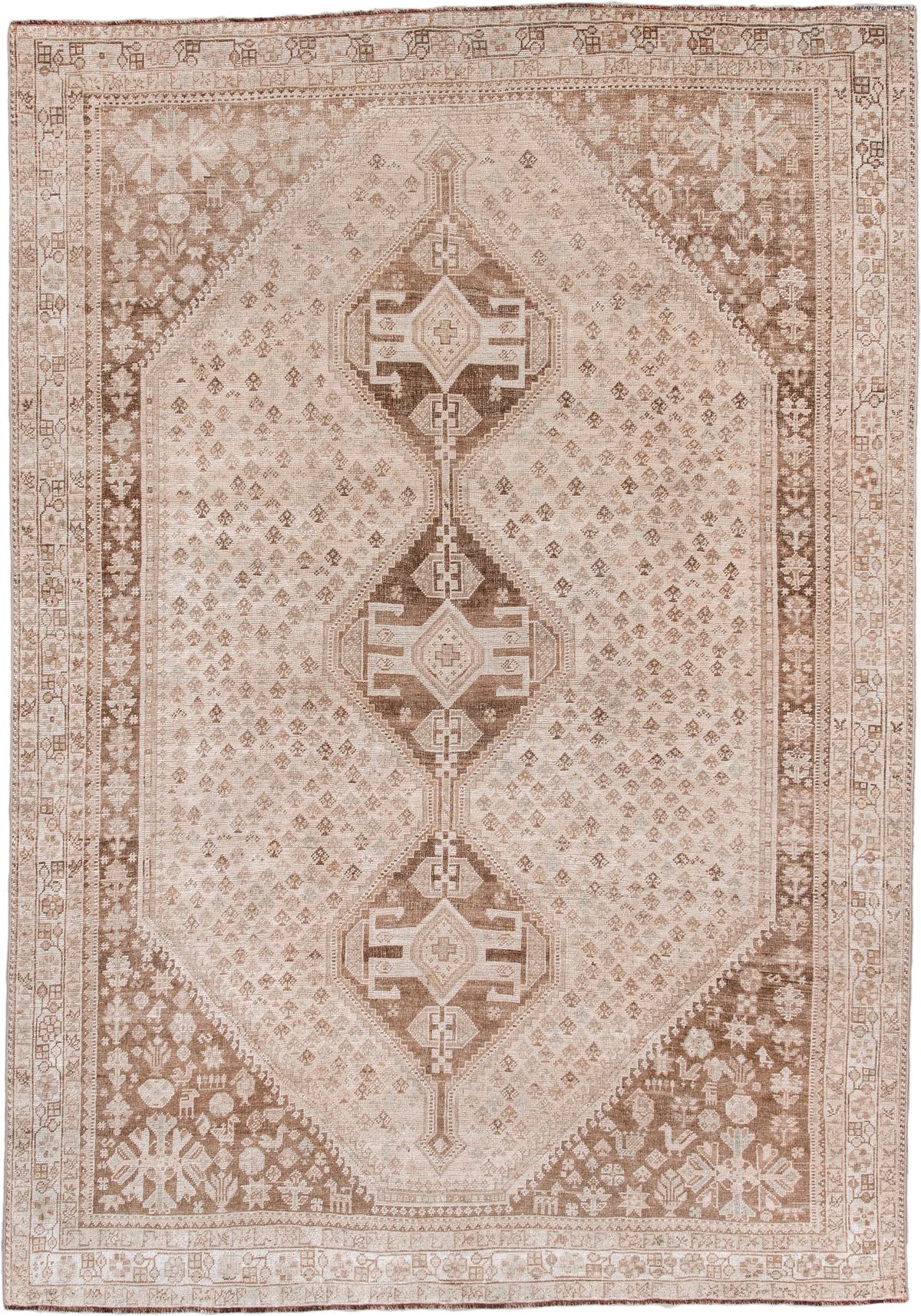 7' x 10' one-of-a-kind handmade antique Shhiraz large size rug. Color palette: ivory, taupe, camel, cocoa, sand, rose beige