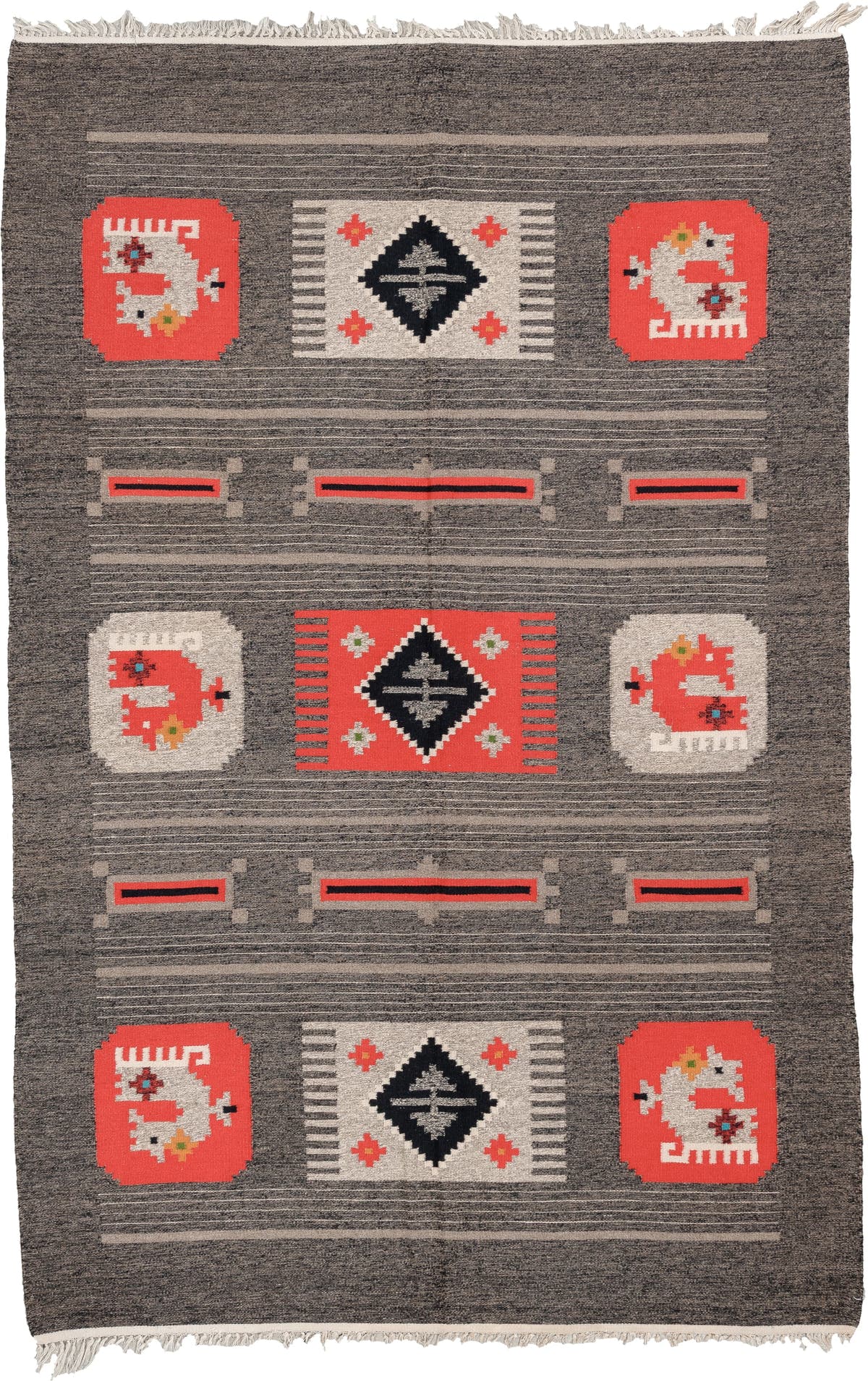 5' x 7' one-of-a-kind handmade antique Scandinavian medium size rug. Color palette: charcoal, coral, ivory, black, taupe
