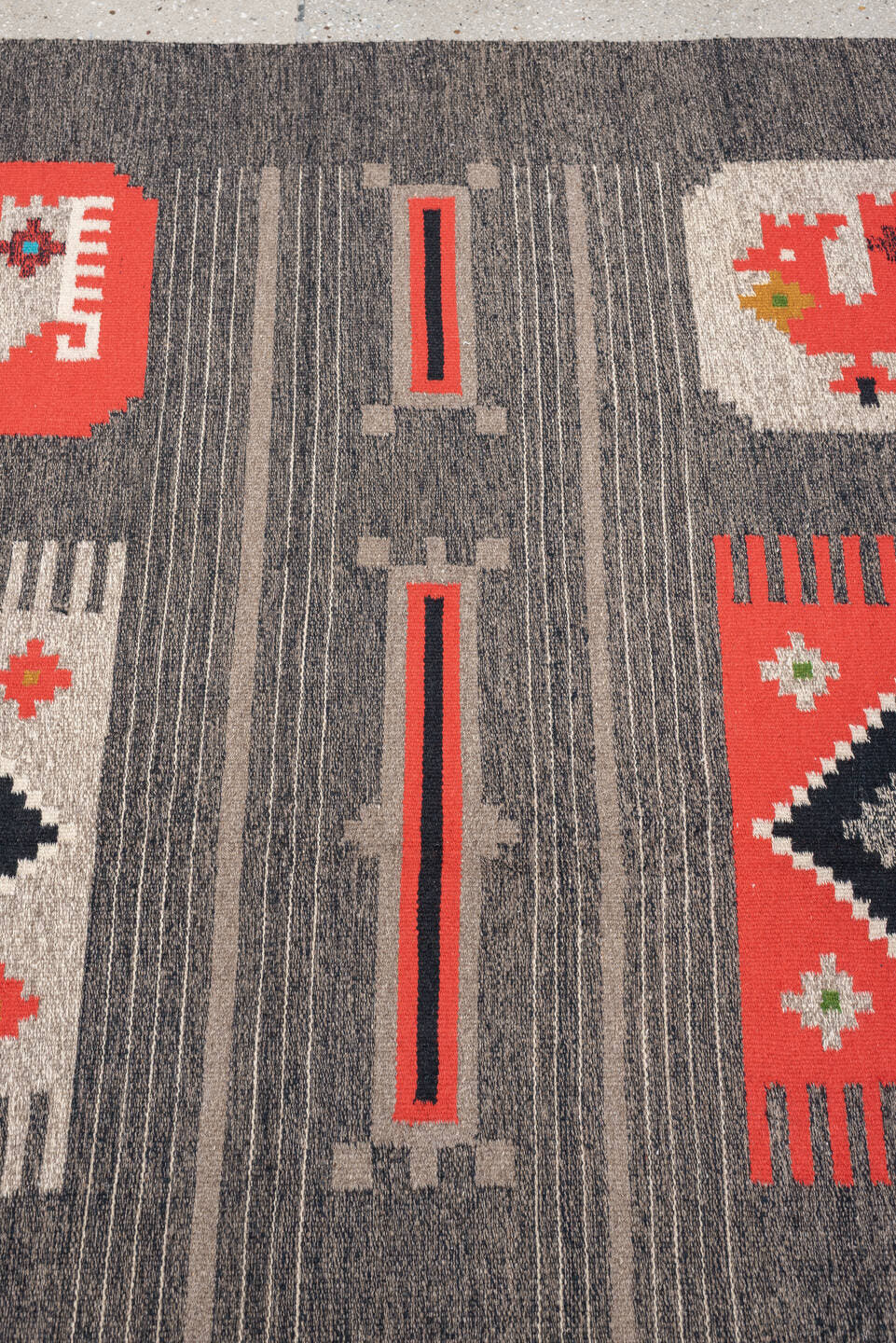 5' x 7' one-of-a-kind handmade antique Scandinavian medium size rug. Color palette: charcoal, coral, ivory, black, taupe