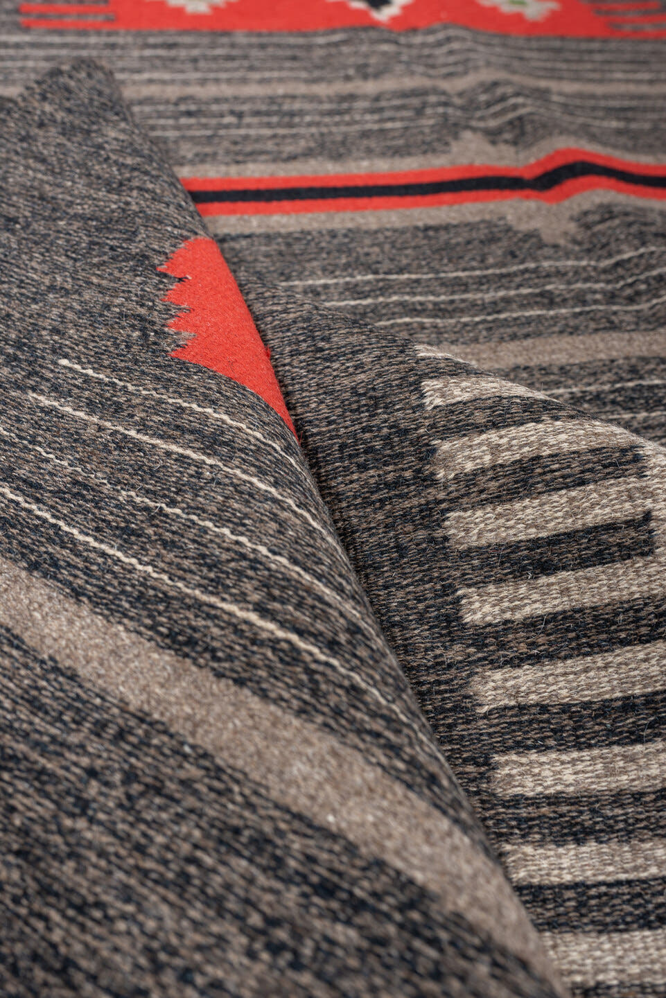 5' x 7' one-of-a-kind handmade antique Scandinavian medium size rug. Color palette: charcoal, coral, ivory, black, taupe