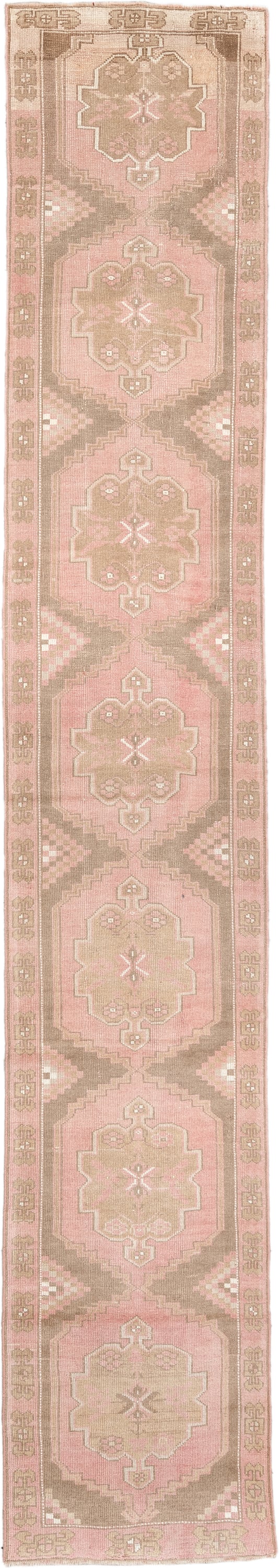 2' x 15' one-of-a-kind handmade antique Oushak runner rug. Color palette: blush rose, taupe, ivory, dusty pink, sage, beige