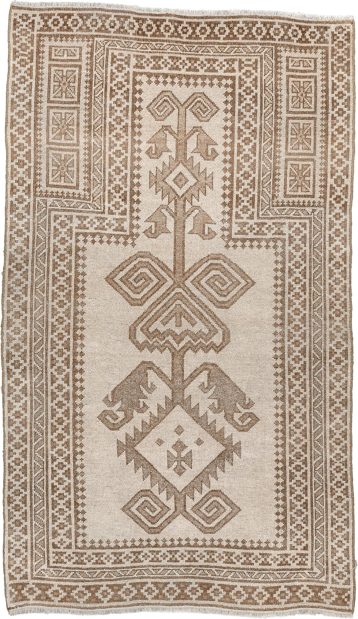 2' x 4' one-of-a-kind handmade antique Belouch small size rug. Color palette: ivory, taupe, camel, brown, beige, gray