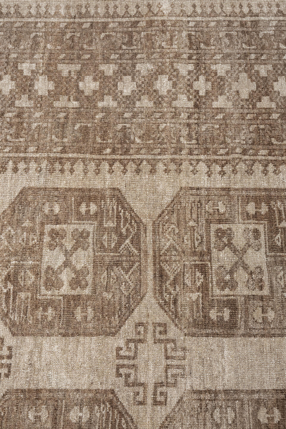 8' x 9' one-of-a-kind handmade antique Afghan large size rug. Color palette: ivory, taupe, sand, camel, beige, brown, gray
