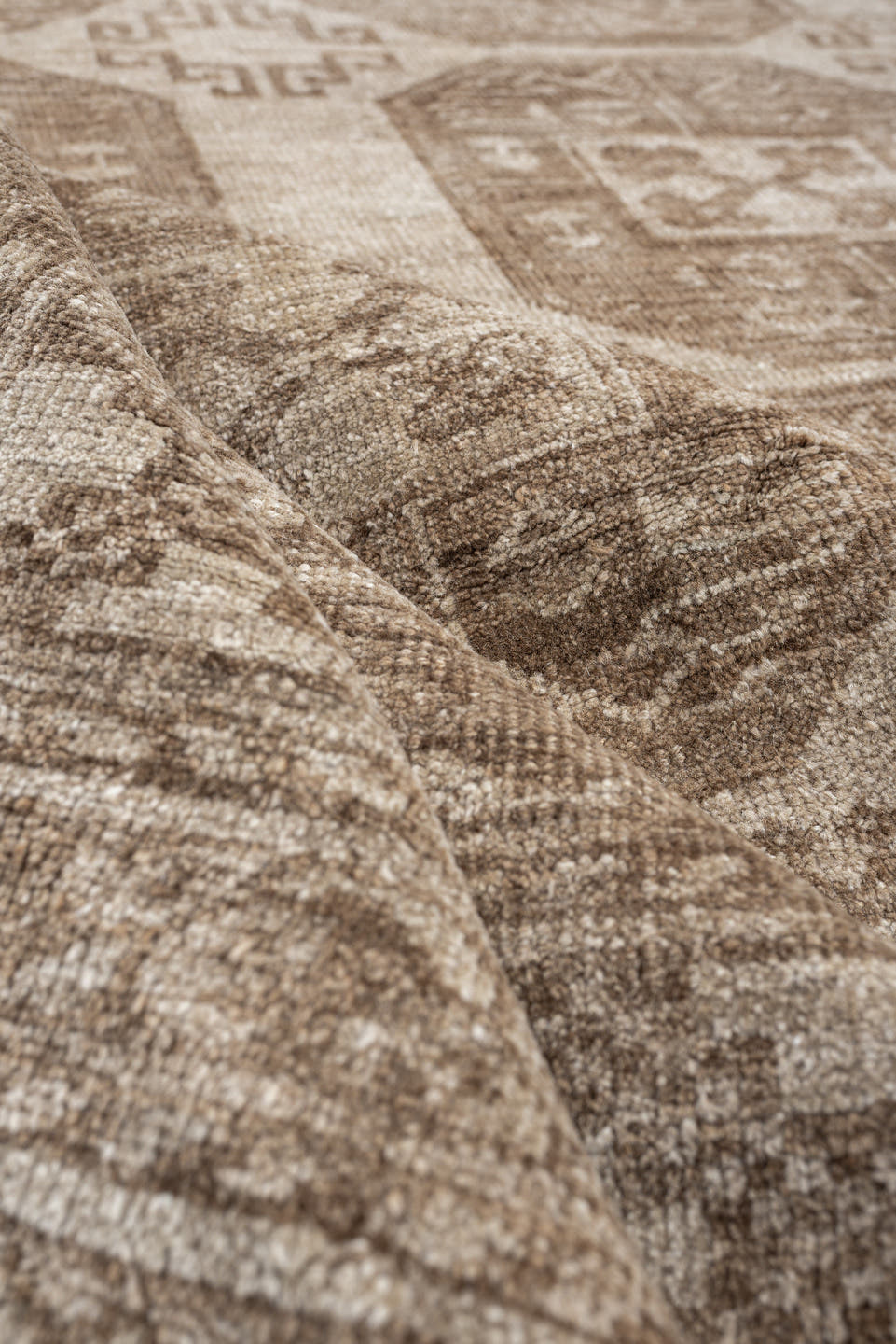 8' x 9' one-of-a-kind handmade antique Afghan large size rug. Color palette: ivory, taupe, sand, camel, beige, brown, gray