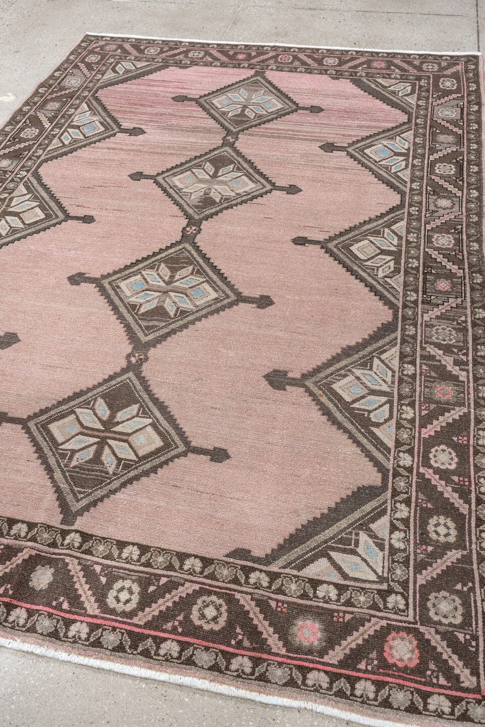 4' x 7' one-of-a-kind handmade antique Hamadan rug. Color palette: rose, charcoal, ivory, taupe, pale blue, blush, brown