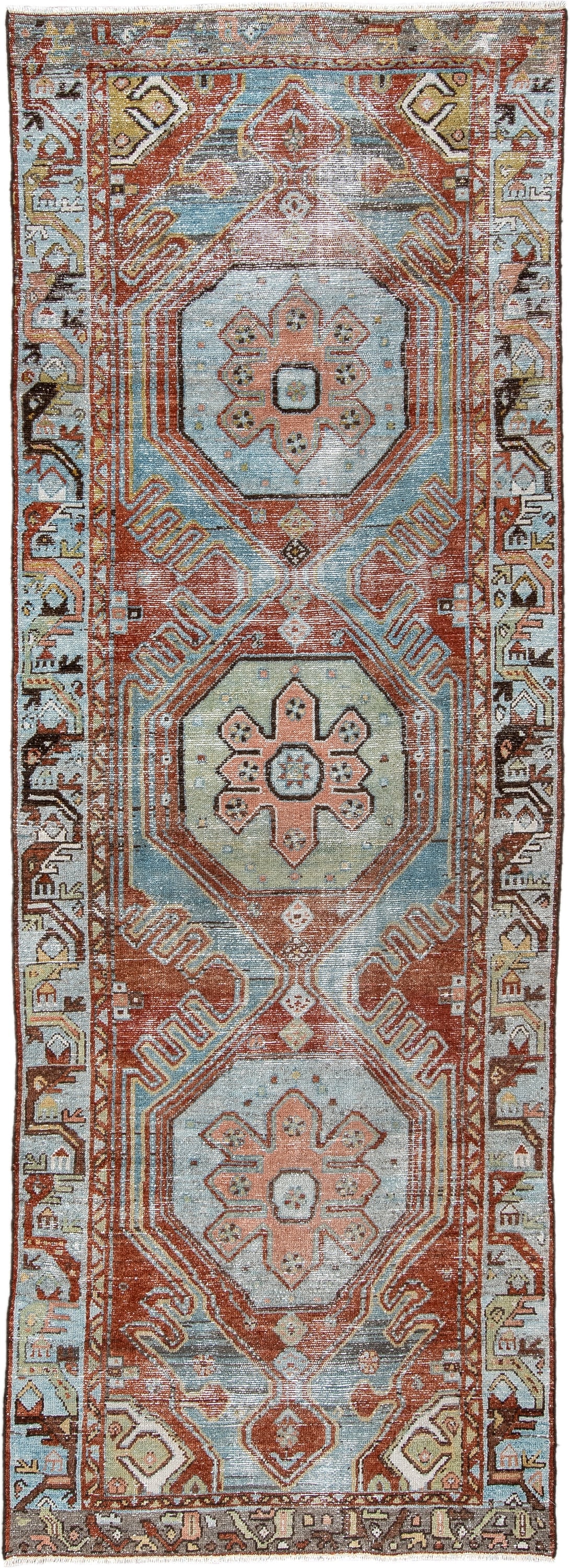 3' x 9' one-of-a-kind handmade antique Hamadan runner rug. Color palette: pale blue, rust, ivory, salmon, charcoal, taupe