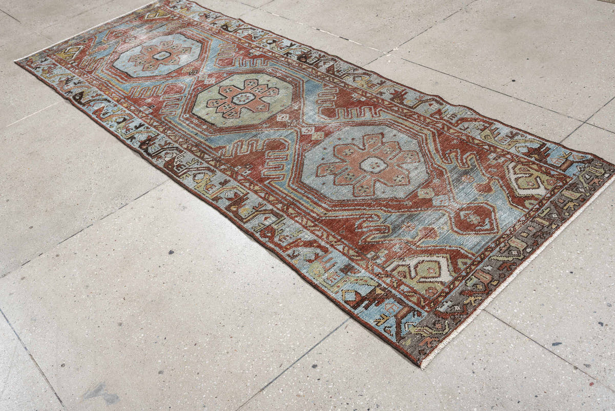 3' x 9' one-of-a-kind handmade antique Hamadan runner rug. Color palette: pale blue, rust, ivory, salmon, charcoal, taupe