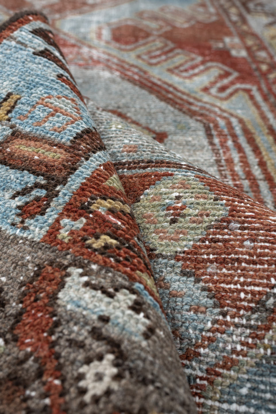 3' x 9' one-of-a-kind handmade antique Hamadan runner rug. Color palette: pale blue, rust, ivory, salmon, charcoal, taupe