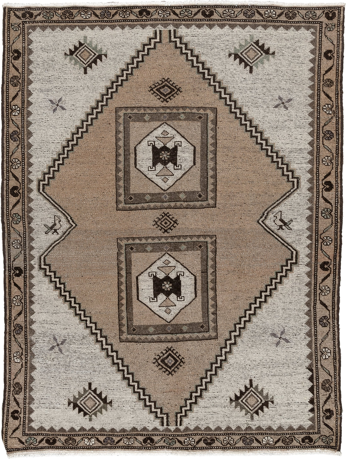 3' x 4' one-of-a-kind handmade antique Meshkin small size rug. Color palette: taupe, ivory, dark brown, charcoal, sage
