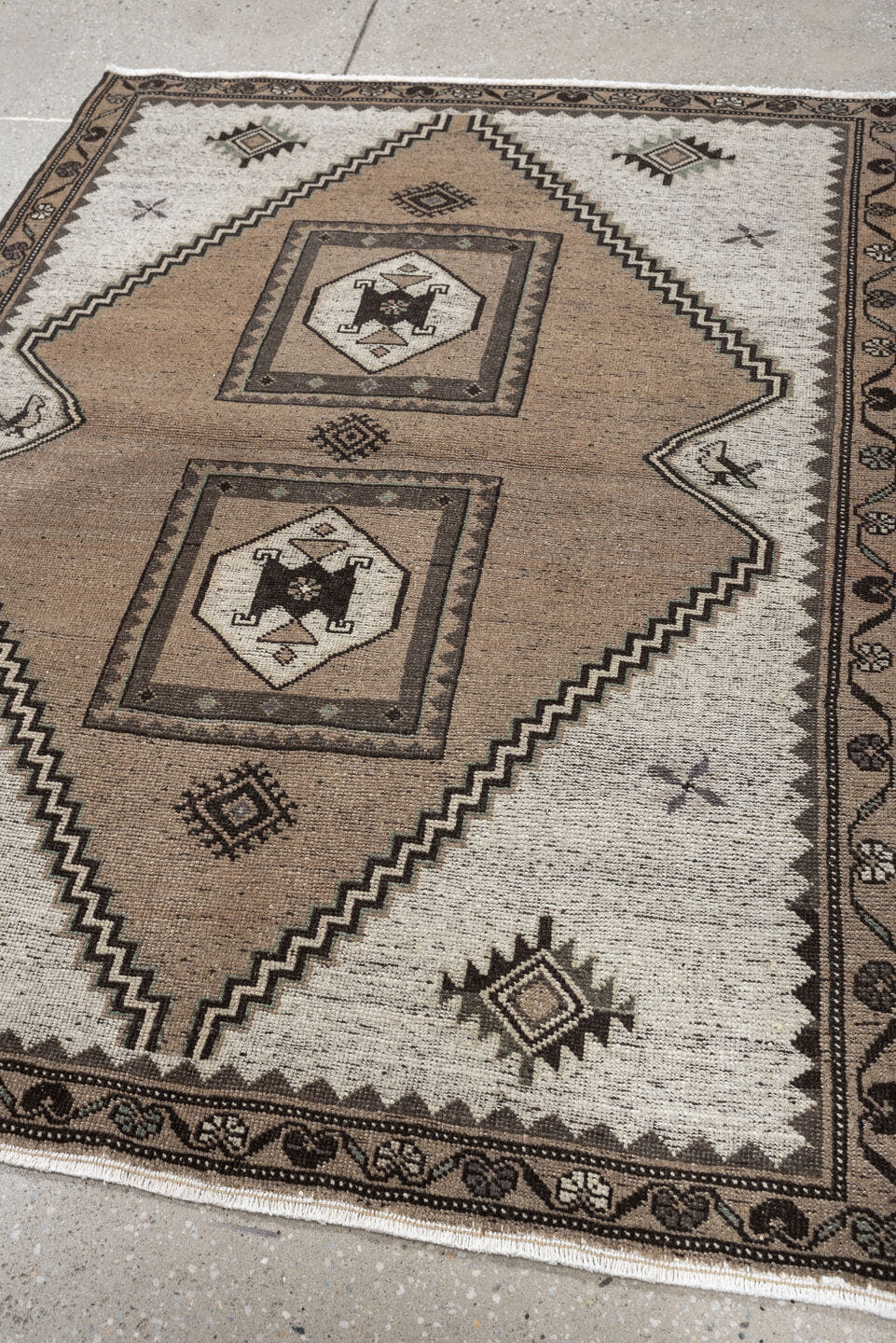 3' x 4' one-of-a-kind handmade antique Meshkin small size rug. Color palette: taupe, ivory, dark brown, charcoal, sage