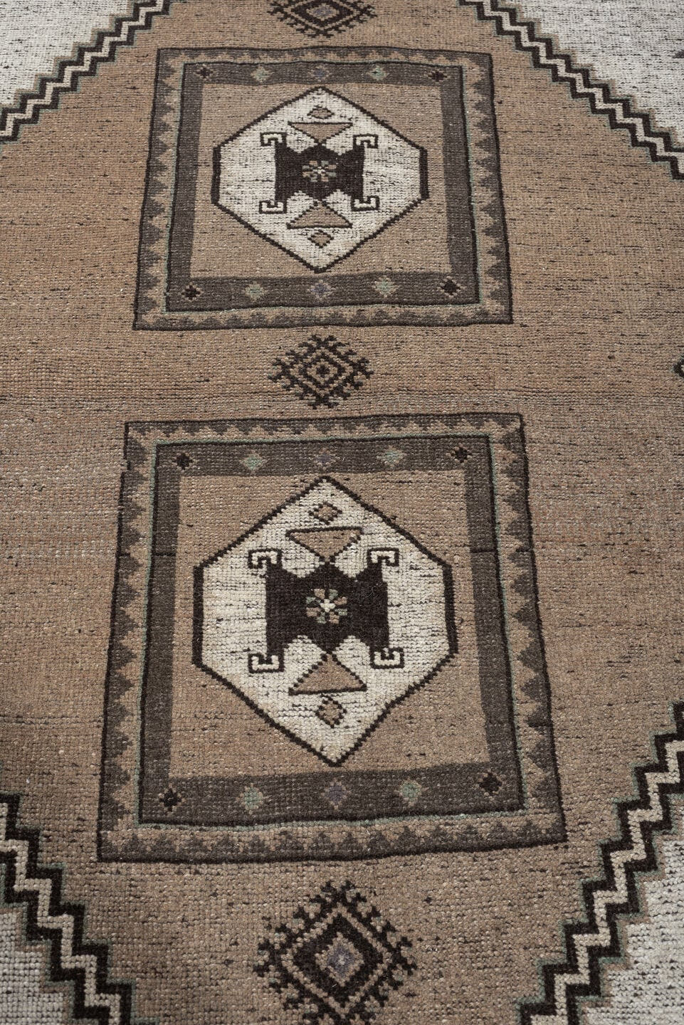 3' x 4' one-of-a-kind handmade antique Meshkin small size rug. Color palette: taupe, ivory, dark brown, charcoal, sage