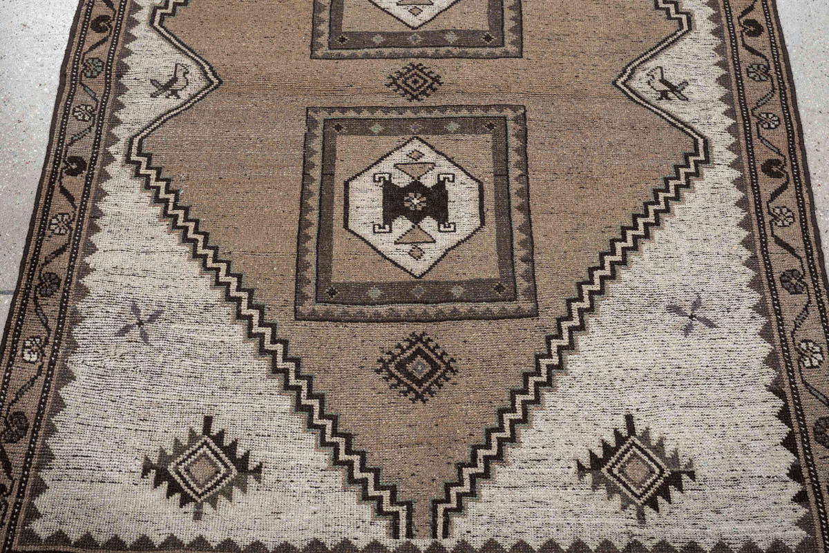 3' x 4' one-of-a-kind handmade antique Meshkin small size rug. Color palette: taupe, ivory, dark brown, charcoal, sage