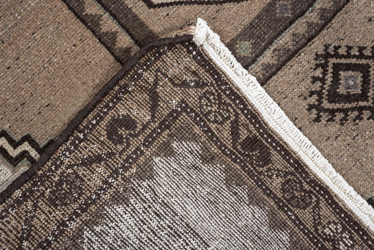 3' x 4' one-of-a-kind handmade antique Meshkin small size rug. Color palette: taupe, ivory, dark brown, charcoal, sage