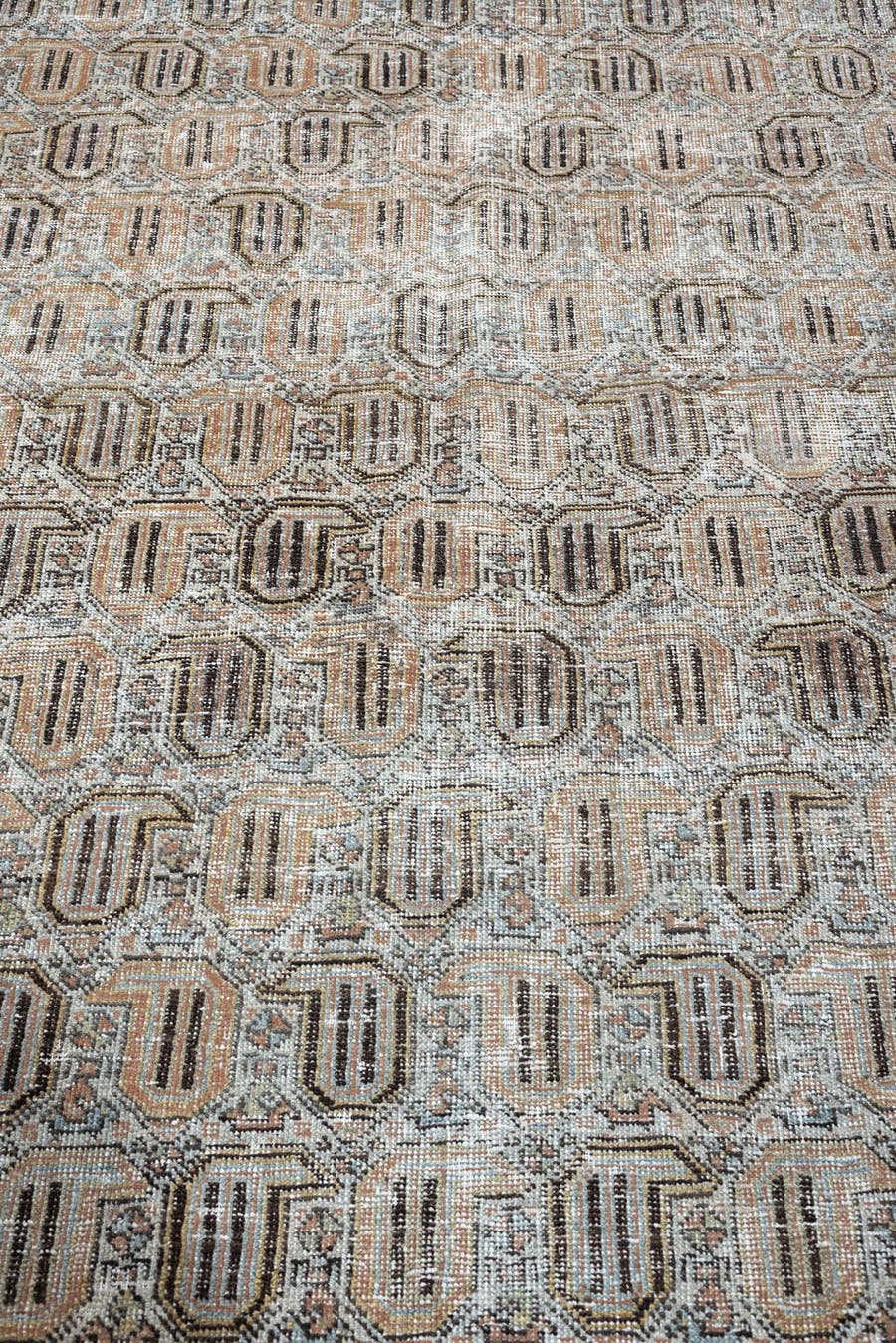 6' x 9' one-of-a-kind handmade antique Afshar medium size rug. Color palette: ivory, taupe, blush, charcoal, sage, camel
