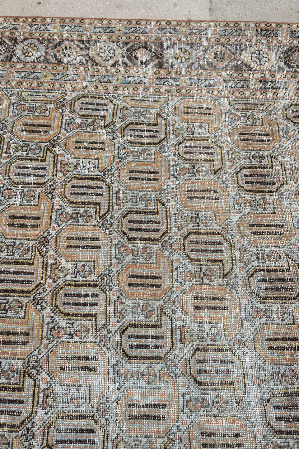 6' x 9' one-of-a-kind handmade antique Afshar medium size rug. Color palette: ivory, taupe, blush, charcoal, sage, camel