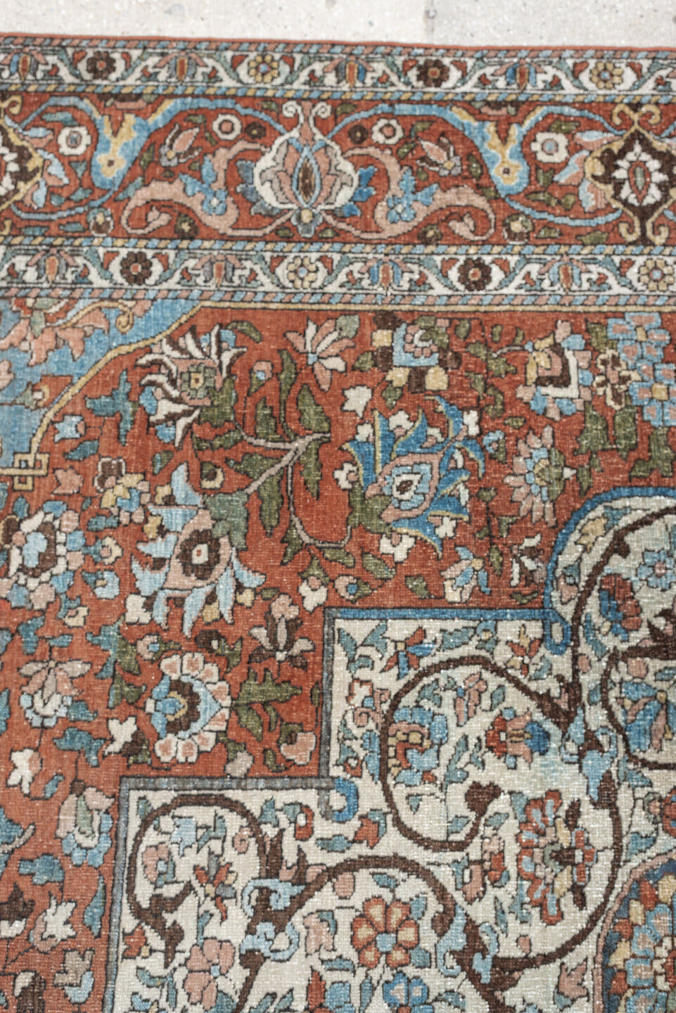 7' x 10' one-of-a-kind handmade antique Baktiary large size rug. Color palette: terracotta, ivory, turquoise, rust