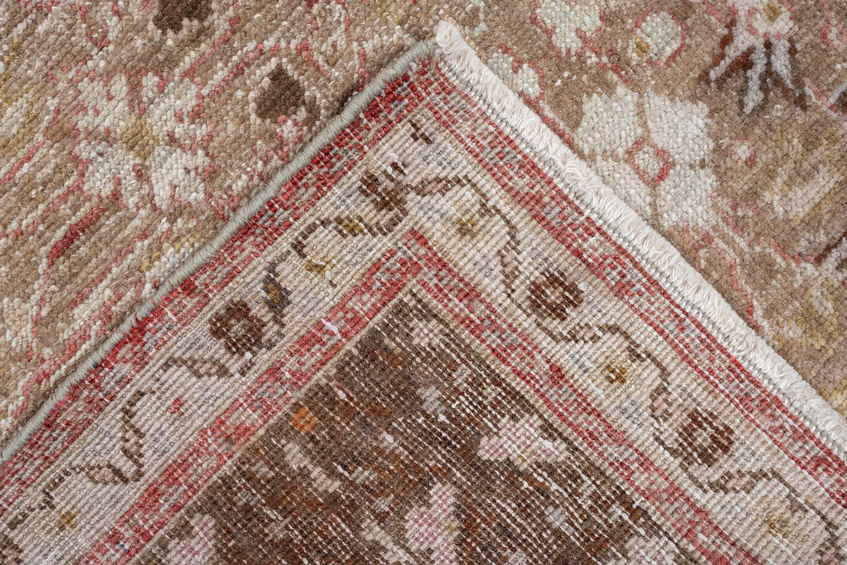 3' x 8' one-of-a-kind handmade antique Anatolian runner rug. Color palette: taupe, walnut brown, ivory, beige, rose