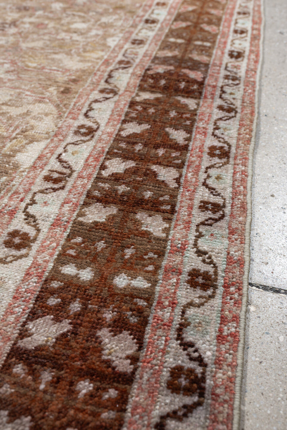 3' x 8' one-of-a-kind handmade antique Anatolian runner rug. Color palette: taupe, walnut brown, ivory, beige, rose