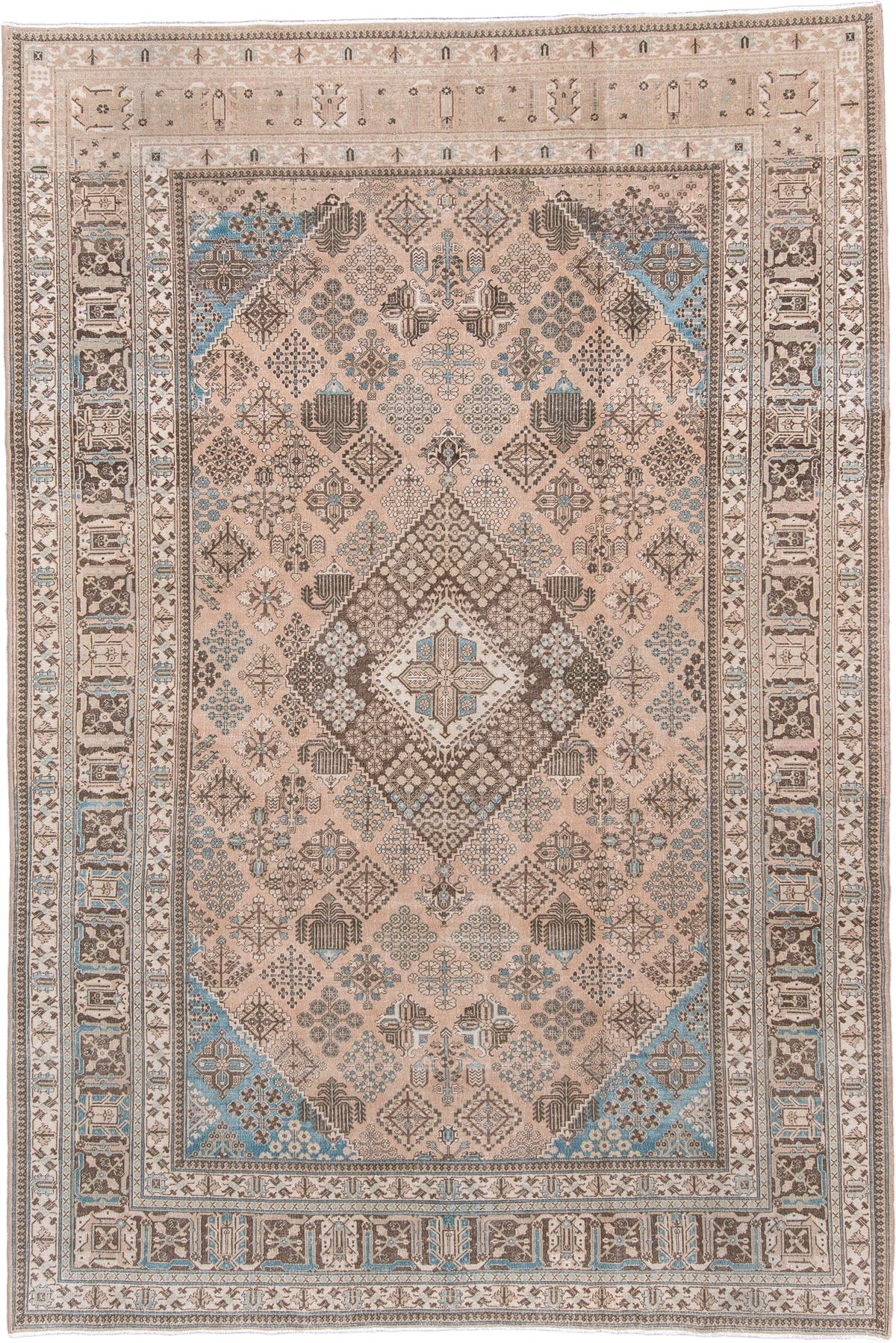 7' x 10' one-of-a-kind handmade antique Joshegan large size rug. Color palette: ivory, taupe, powder blue, charcoal, beige