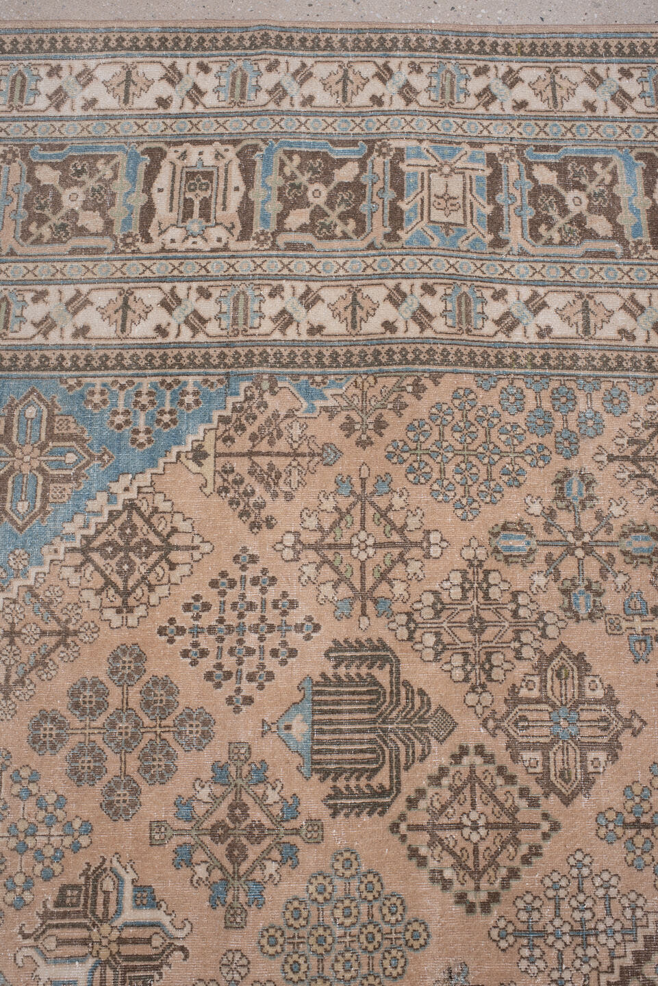 7' x 10' one-of-a-kind handmade antique Joshegan large size rug. Color palette: ivory, taupe, powder blue, charcoal, beige