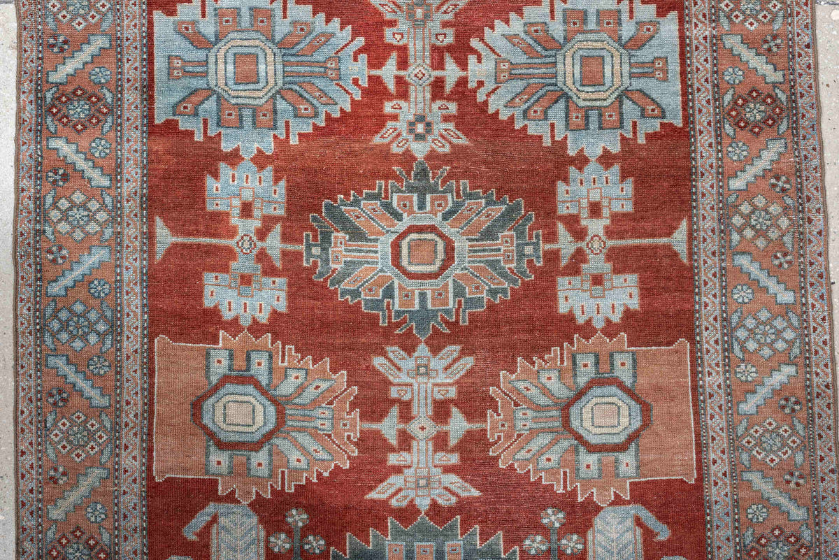 3' x 10' one-of-a-kind handmade antique Malayer runner rug. Color palette: rust, pale blue, ivory, terracotta, charcoal