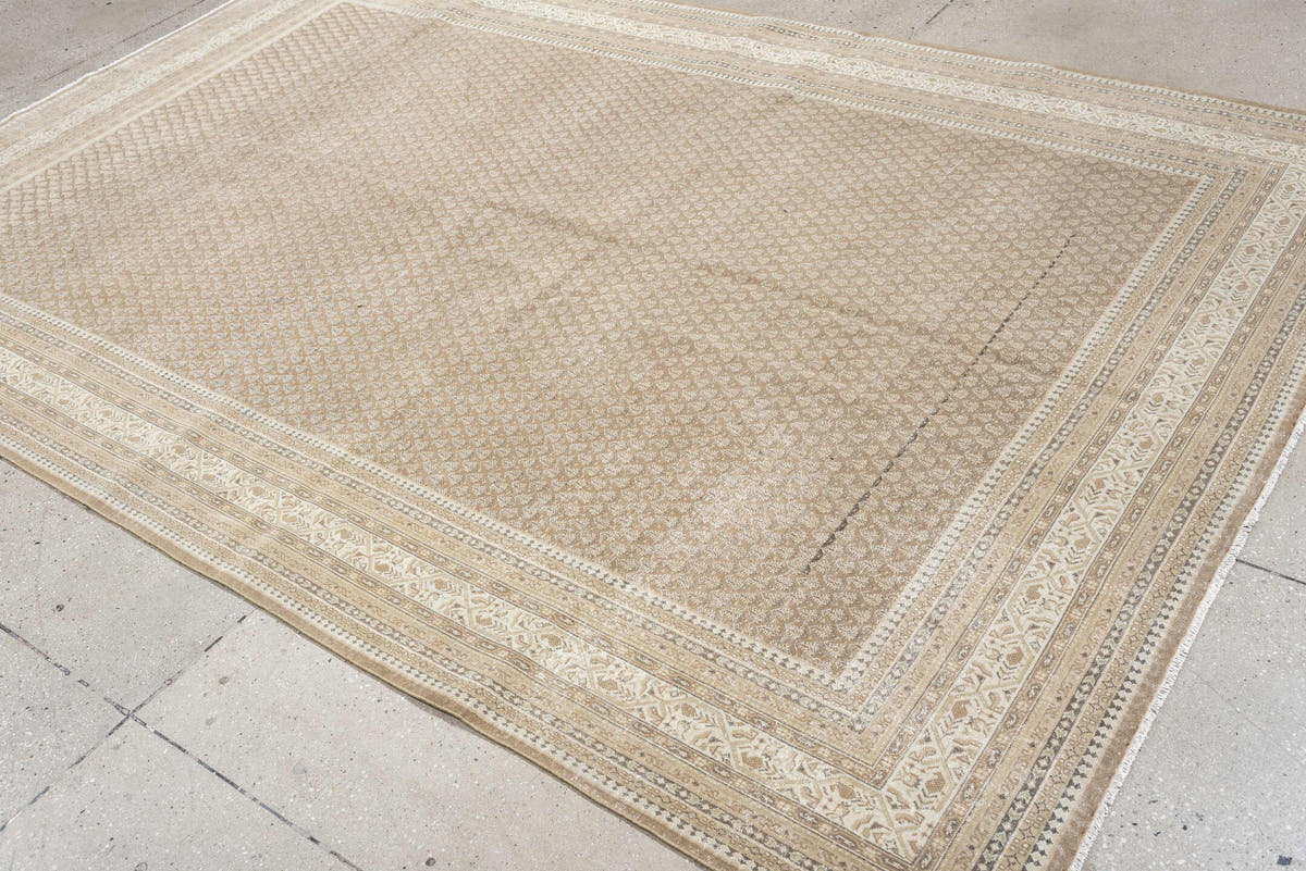 6' x 9' one-of-a-kind handmade antique Mir large size rug. Color palette: taupe, ivory, sand, beige, camel, soft brown