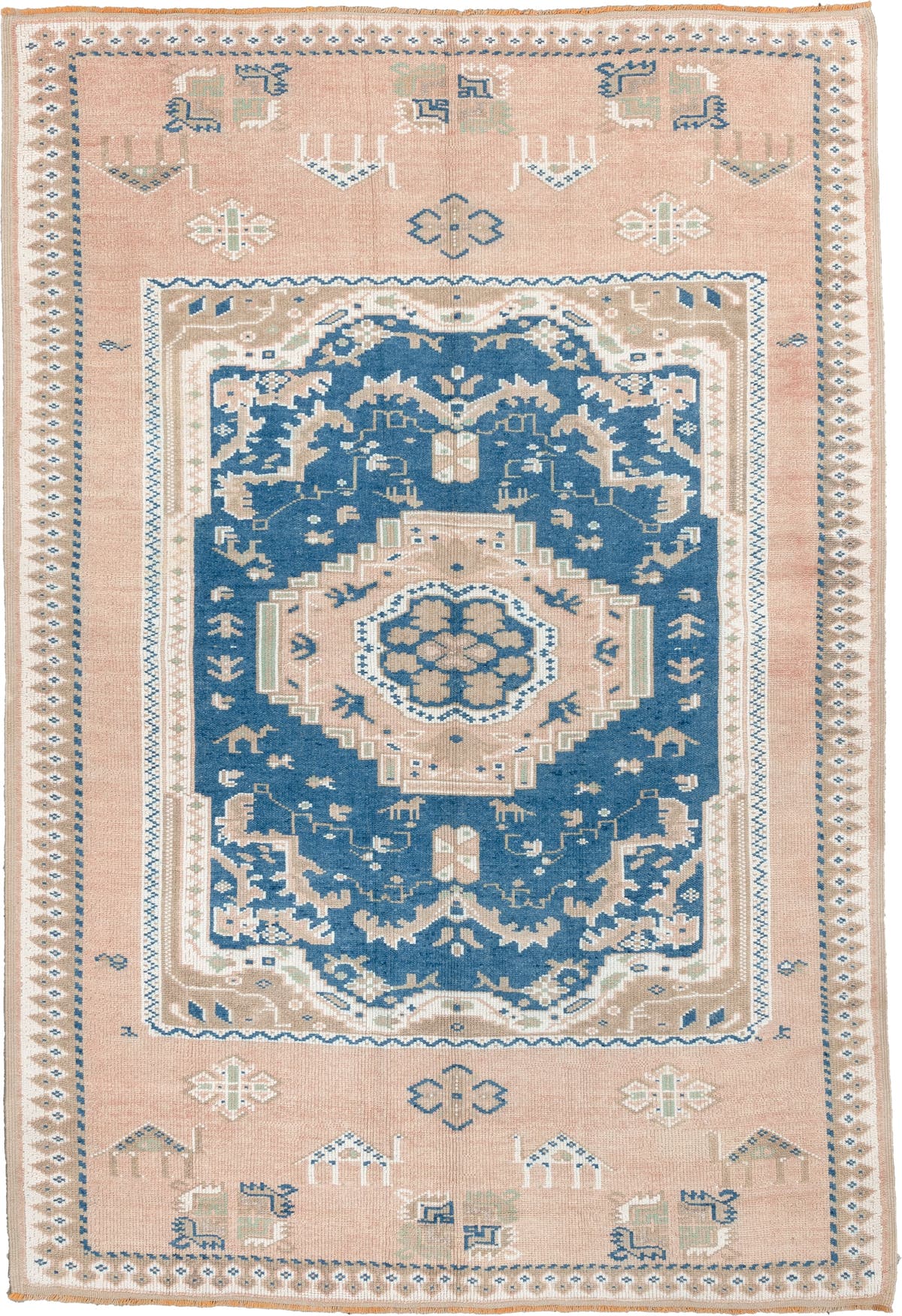5' x 8' one-of-a-kind handmade antique Moroccan medium size rug. Color palette: blush, indigo, ivory, taupe, sage, camel