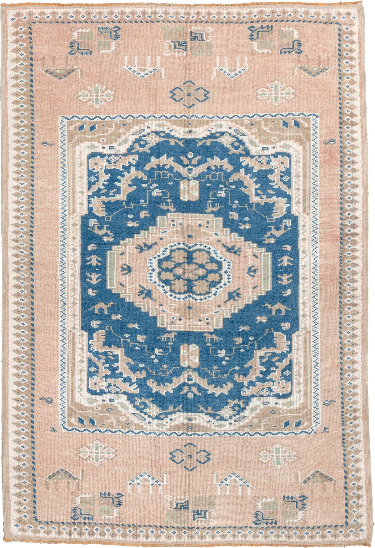 5' x 8' one-of-a-kind handmade antique Moroccan medium size rug. Color palette: blush, indigo, ivory, taupe, sage, camel