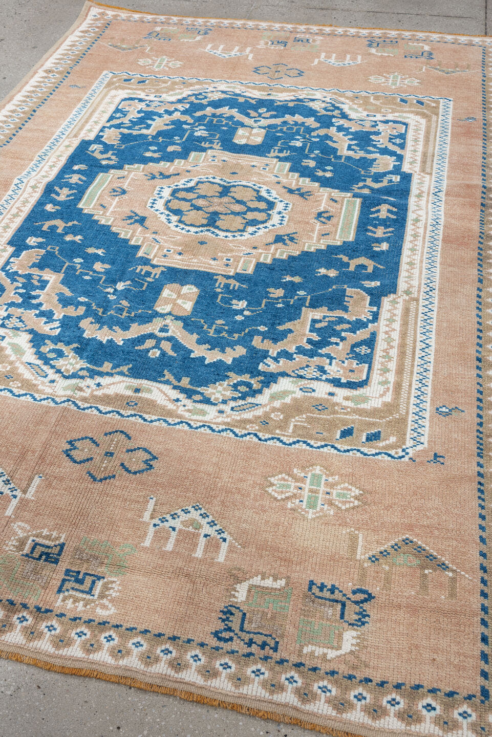 5' x 8' one-of-a-kind handmade antique Moroccan medium size rug. Color palette: blush, indigo, ivory, taupe, sage, camel