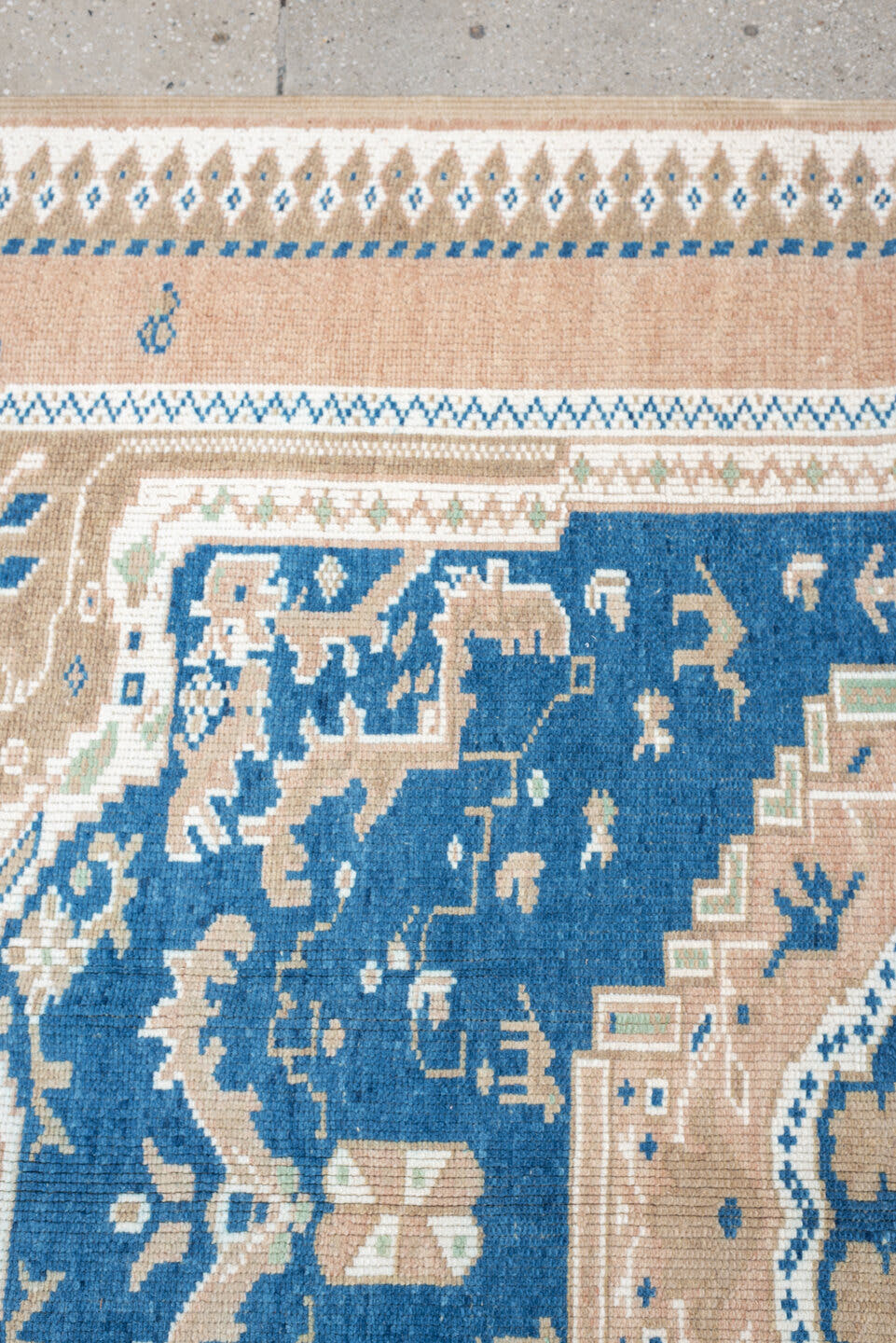 5' x 8' one-of-a-kind handmade antique Moroccan medium size rug. Color palette: blush, indigo, ivory, taupe, sage, camel
