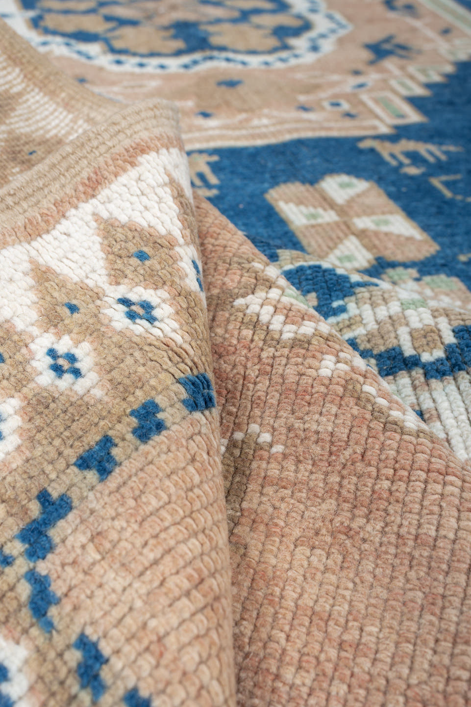 5' x 8' one-of-a-kind handmade antique Moroccan medium size rug. Color palette: blush, indigo, ivory, taupe, sage, camel