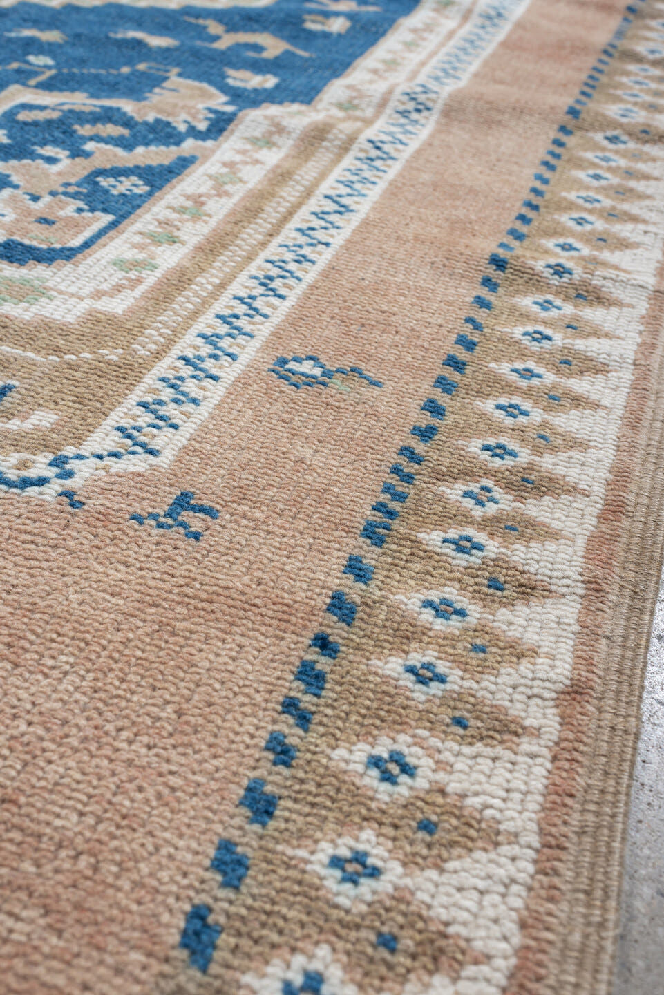 5' x 8' one-of-a-kind handmade antique Moroccan medium size rug. Color palette: blush, indigo, ivory, taupe, sage, camel