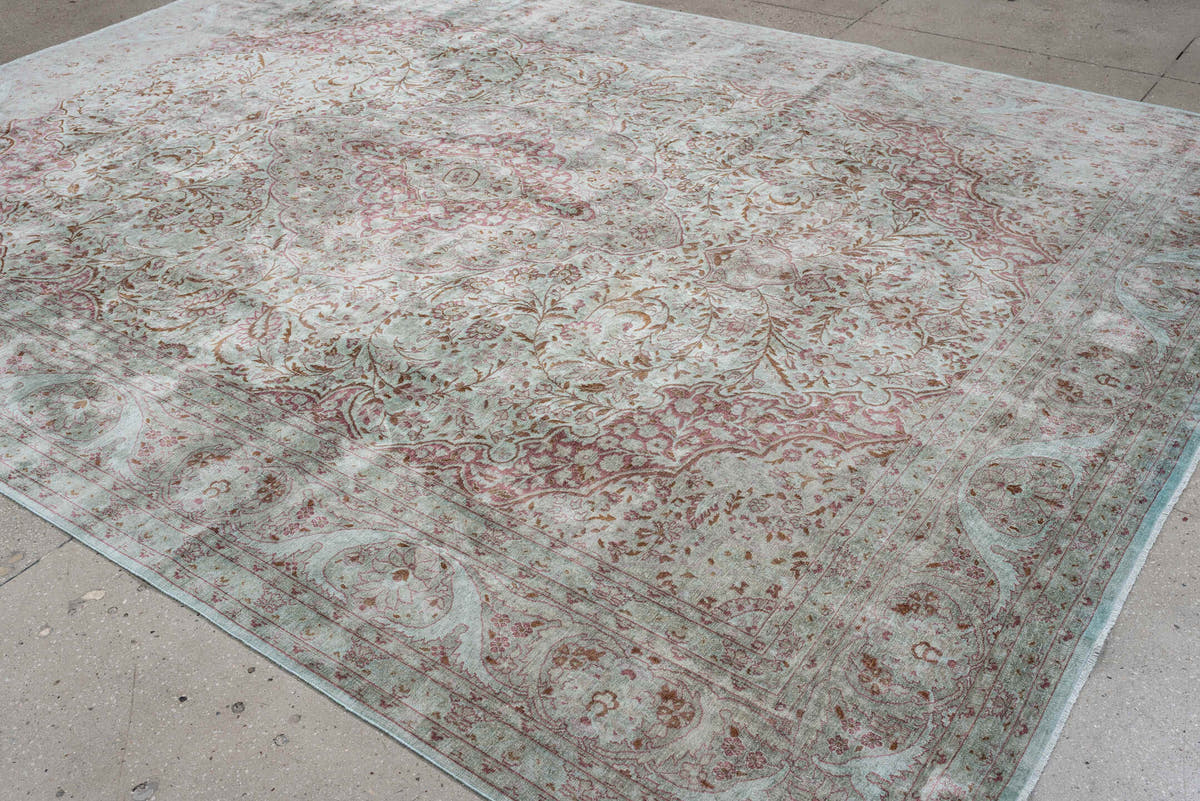 9' x 12' one-of-a-kind handmade antique Kashmir large size rug. Color palette: ivory, sage, dusty rose, pale blue gray
