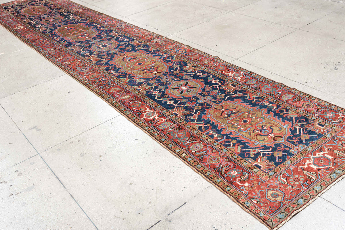 3' x 18' one-of-a-kind handmade antique Serapi runner rug. Color palette: navy, brick red, rust, camel, ivory, muted teal