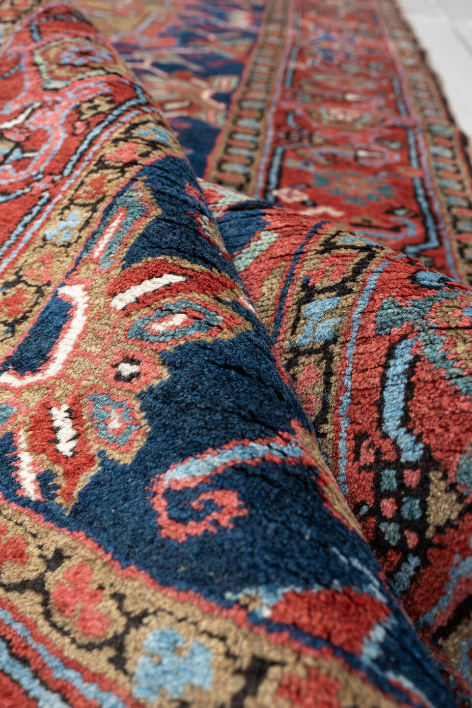3' x 18' one-of-a-kind handmade antique Serapi runner rug. Color palette: navy, brick red, rust, camel, ivory, muted teal