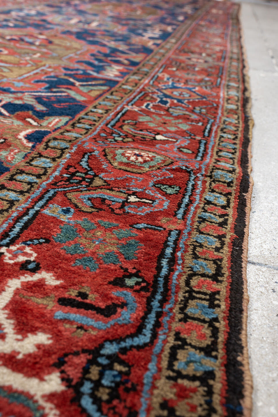 3' x 18' one-of-a-kind handmade antique Serapi runner rug. Color palette: navy, brick red, rust, camel, ivory, muted teal